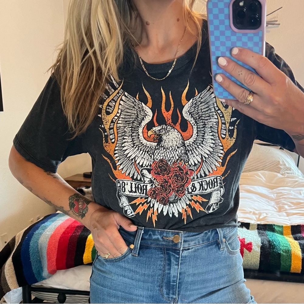 No Boundaries Black Graphic Tee with Eagle and Flames